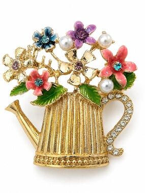 New Gold Tone‎ Floral Watering Can Brooch Rhinestone Enamel Pearl Garden Pin